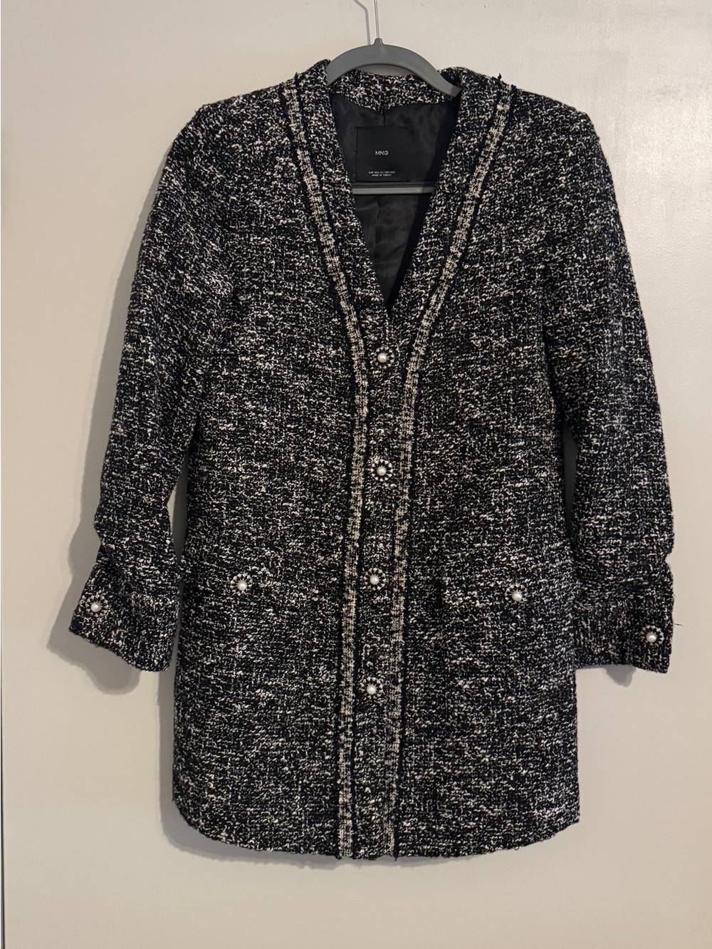 Mango Black and White Tweed Blazer Coat with Pearl Buttons